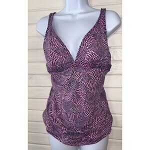Title Nine Tankini Sz MEDIUM Swimsuit Top Pink Navy Mosaic Padded Swim Surf EUC